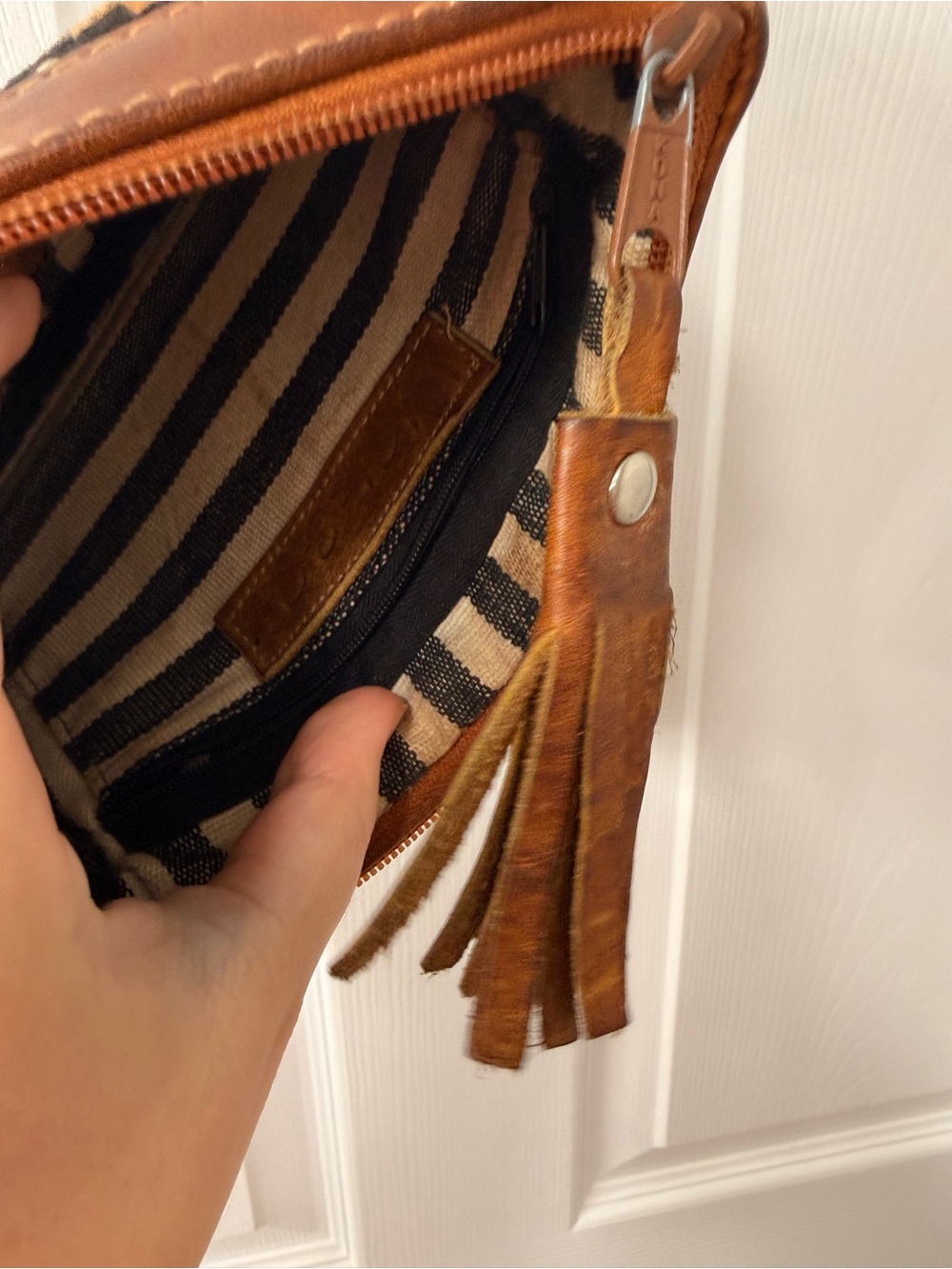 Woven Black and Brown Wristlet Clutch with Leather Trim - Picture 4 of 6